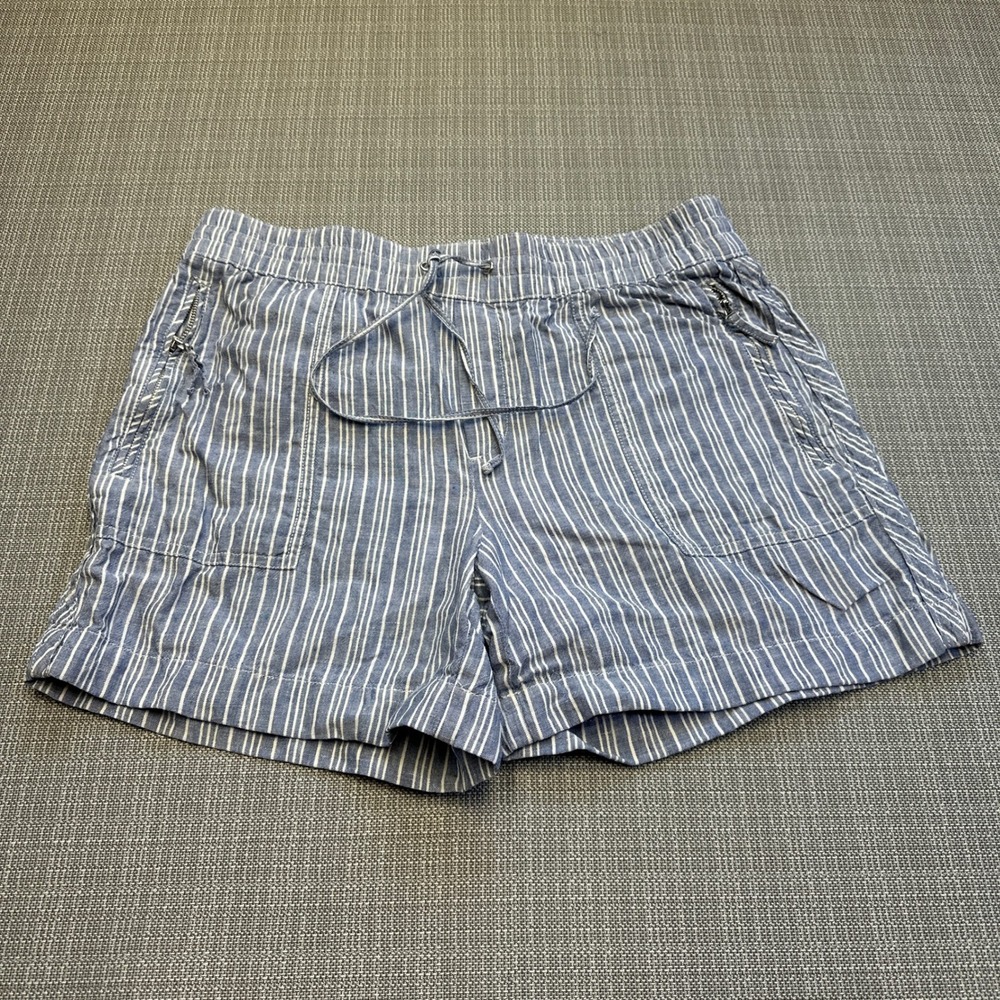 Linen Coastal Stripe Shorts‎ Womens Medium Blue White Drawstring Lord & Taylor